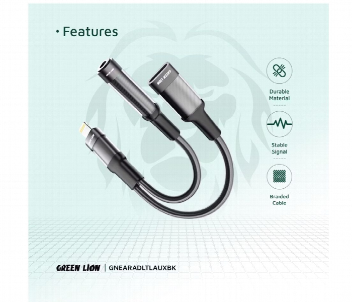 Green Lion 2 In 1 Earphone And Charging Adapter Lightning To Lightning Plus  3.5 12Cm Black - Zoom Image 4