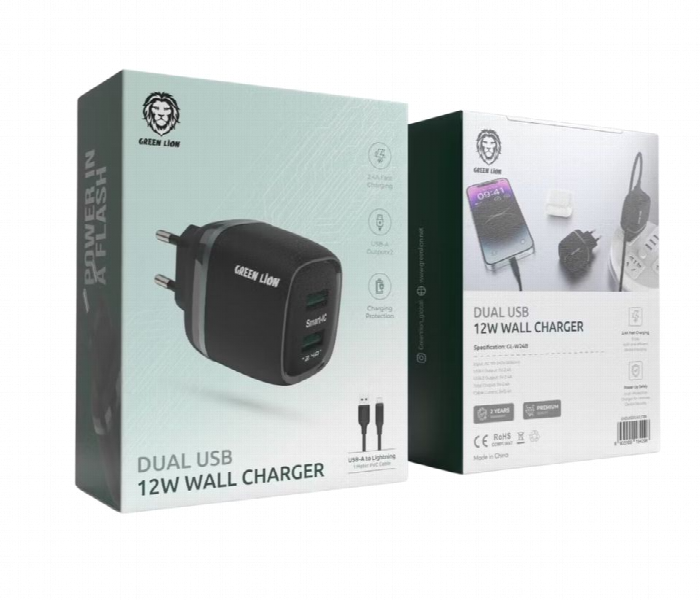 Green Lion Dual Usb 12W Wall Charger With Usb A To Lightning Cable Eu - Zoom Image 2