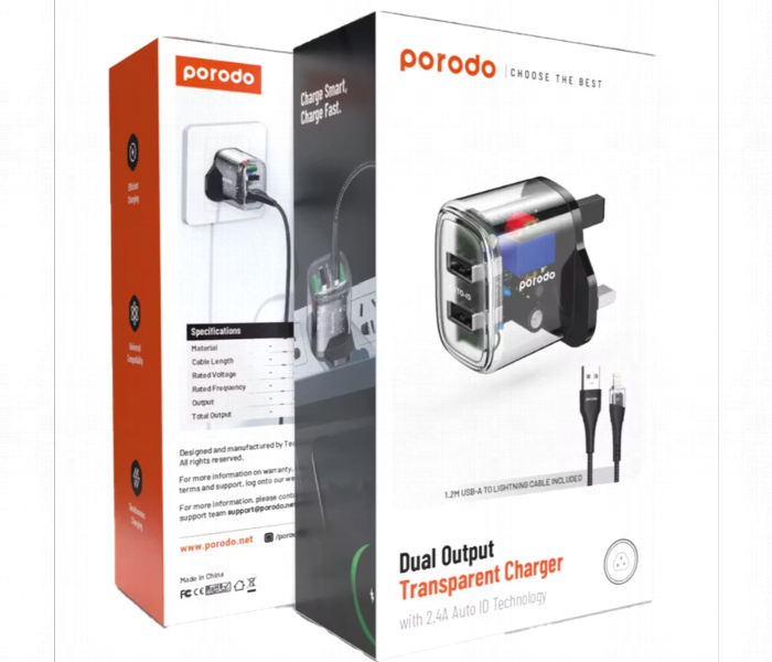 Porodo Dual Output Transparent Charger 2.4A Uk With Usb A To Lightning Cable 1.2M - Zoom Image 5