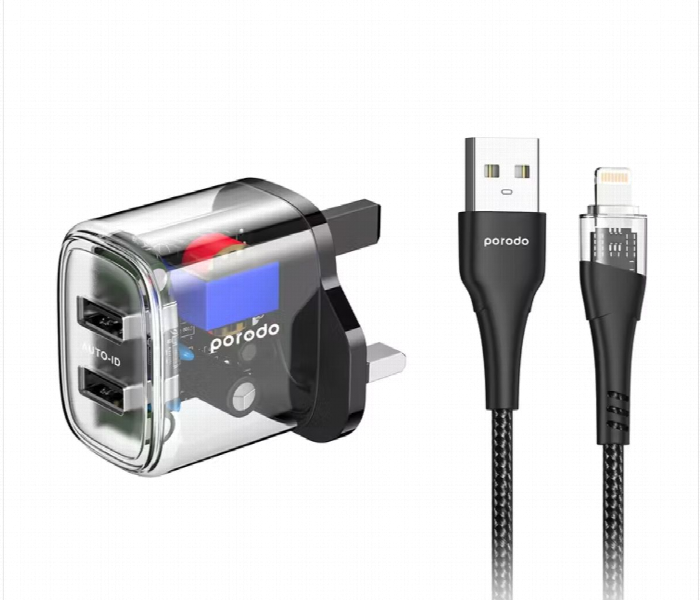 Porodo Dual Output Transparent Charger 2.4A Uk With Usb A To Lightning Cable 1.2M - Zoom Image 1
