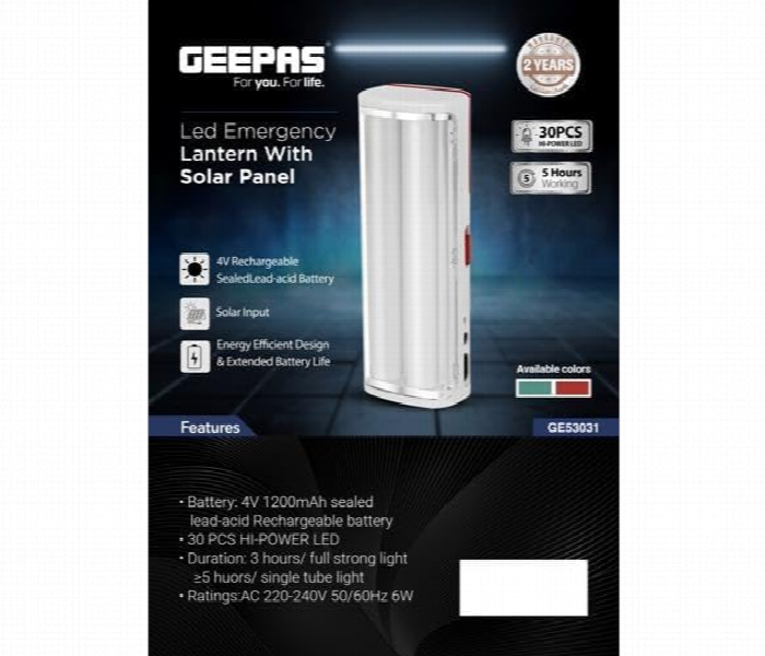 Geepas Ge53031 Portable And Light Weight Led Emergency Lantern With Solar Panel And 5 Hours Working - Zoom Image 8
