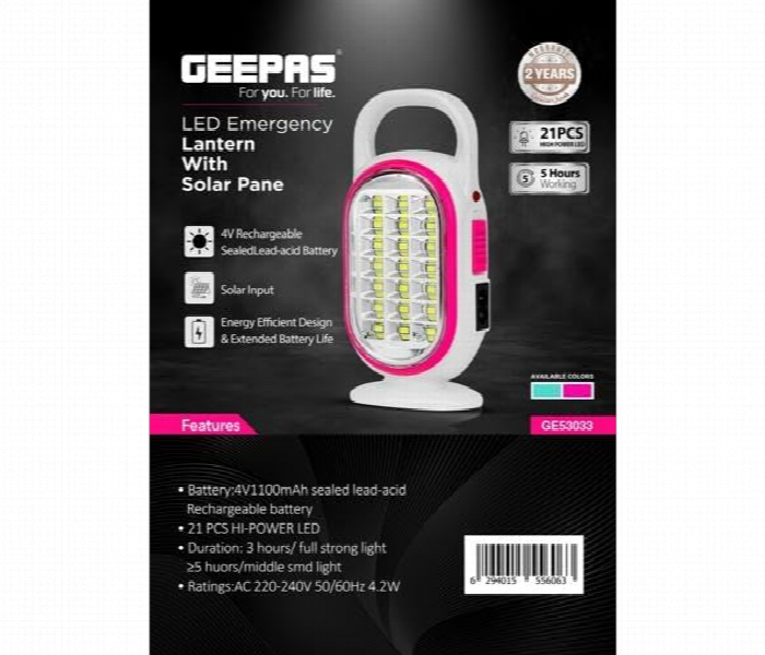 Geepas Ge53033 Led Emergency Lantern With Solar Panel Energy Efficient Design And 5 Hours Working - Zoom Image 6