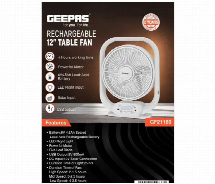 Geepas Gf21189 12 Inch Rechargeable Table Fan With Powerful Motor And Led Night Light - Zoom Image 6