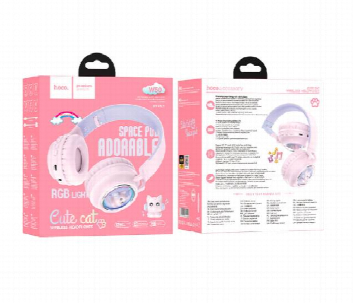Hoco Cute Cat W50 Wireless Headphones Pink - Zoom Image
