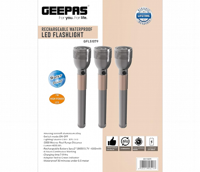 Geepas Gfl51079 Rechargeable Waterproof 3 Set  Led Flashlight With 4 Hrs Working Li Ion Battery - Zoom Image 5