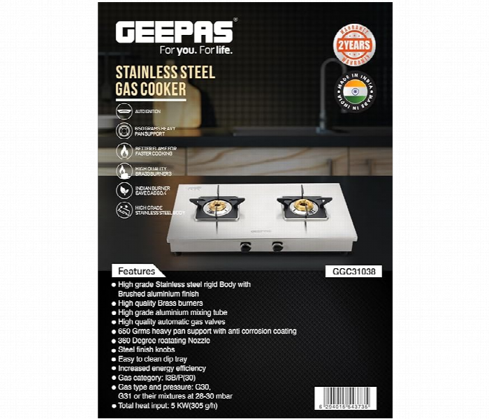 Geepas Ggc31038 Stainless Steel Double Burner Gas Stove With Auto Ignition System - Zoom Image 5