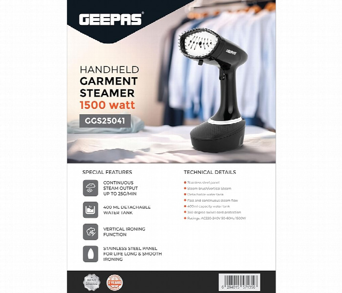 Geepas Ggs25041 Handheld Garment Steamer 1500W With Vertical Steaming And 400Ml Water Tank Capacity - Zoom Image 7