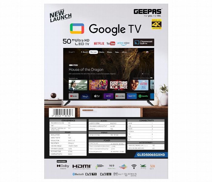 Geepas Gled5506Sgxhd 55 Inch Google Smart Led Tv With 4K Ultra Hd And Frameless Design - Zoom Image 8