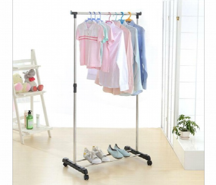 Stainless Steel Single Pole Rail Telescopic Movable Portable Adjustable Clothes Garment Hanging Rack Stand With Wheels - Zoom Image 2