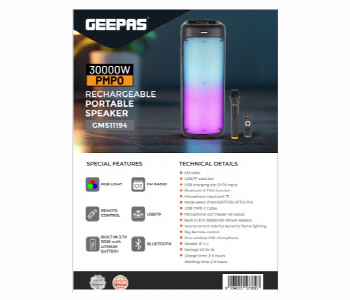 Geepas Gms11194 30000W Rechargeable Portable Speaker And Microphone With Remote Control Perfect For  Entertainment - Zoom Image 6