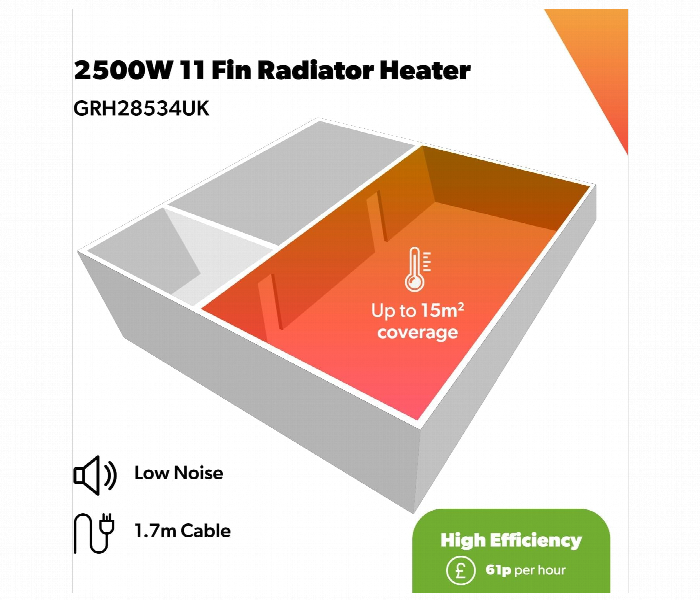 Geepas Grh28534Uk 11 Fins Oil Filled Portable Electric Heater 2500W With Adjustable Temperature - Zoom Image 2