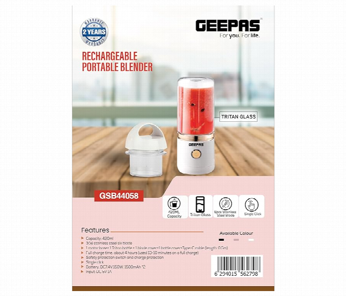 Geepas Gsb44058 420Ml Capacity Single Click Operation Rechargeable Portable Blender - Zoom Image 3