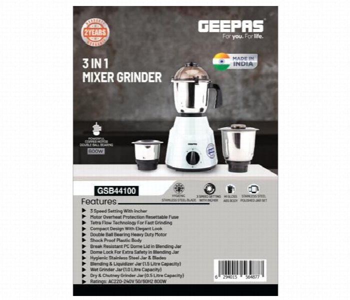 Geepas Gsb44100 3 In 1 Mixer Grinder 800W With Powerful Copper Motor - Zoom Image 10