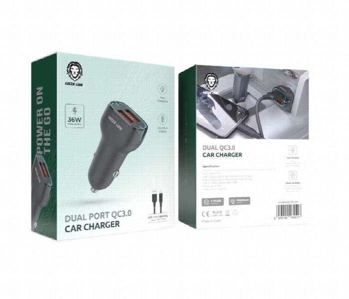Green Lion Dual Port Qc3.0 Car Charger With Usb A To Lightning Cable 36W - Zoom Image 3