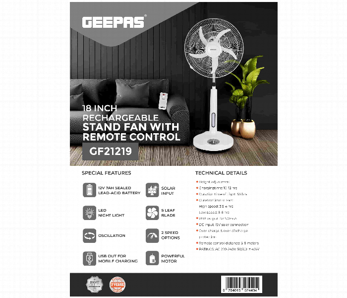 Geepas Gf21219 16 Inch Rechargeable Stand Fan - Zoom Image 2