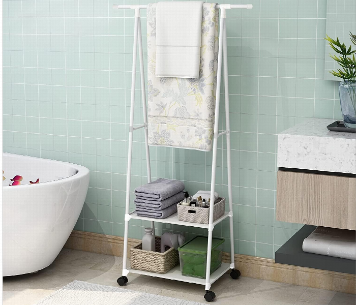 Portable Clothes Rack With Hanging Rod Two Storage Shelves And Wheels Freestanding Garment Organizer Stand - Zoom Image 4