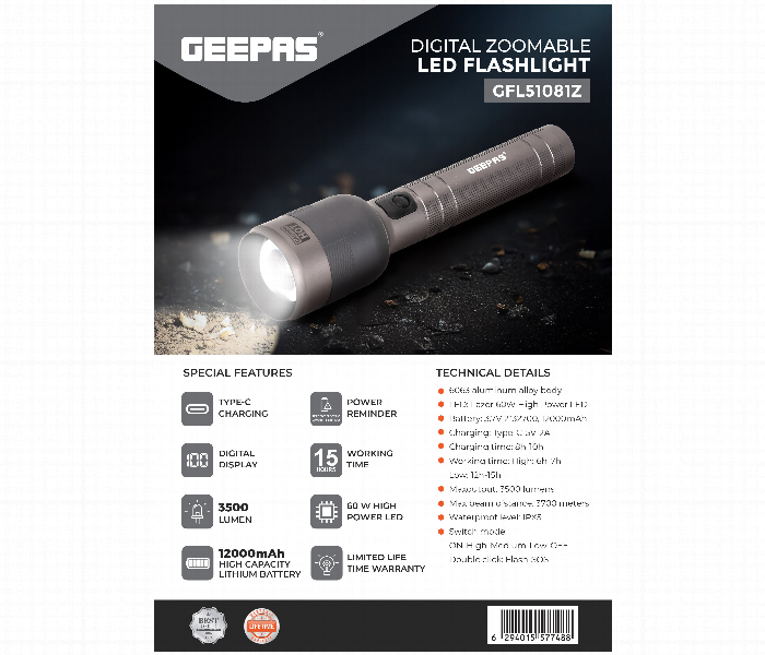 Geepas Gfl51081Z 60W Digital Zoomable Led Flashlight Laser With 15 Hours Continuous Working - Zoom Image 3