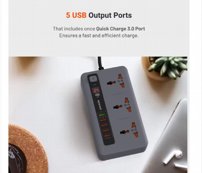 Porodo Power Hub With Power Socket Strip Gray - Zoom Image 4