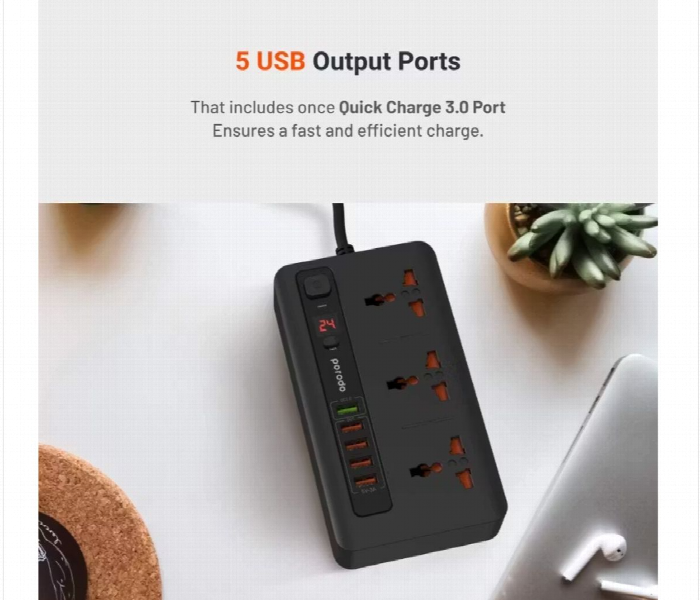 Porodo Power Hub With Power Socket Strip Black - Zoom Image 4