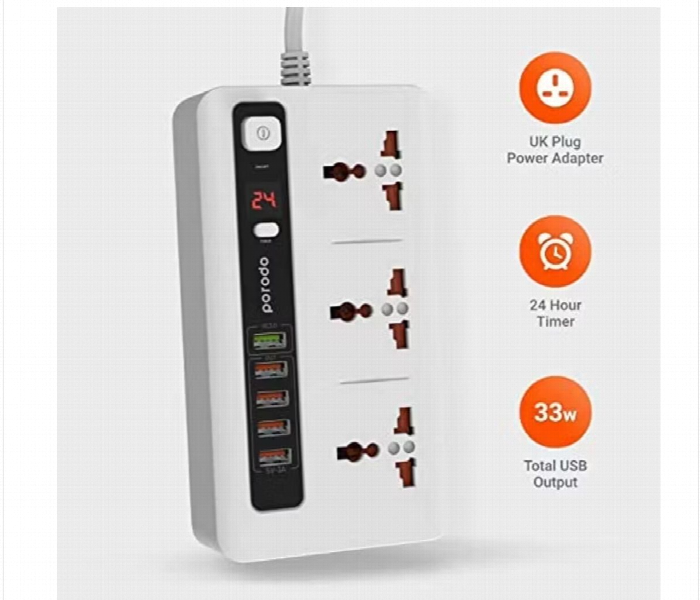 Porodo Power Hub With Power Socket Strip White - Zoom Image 2