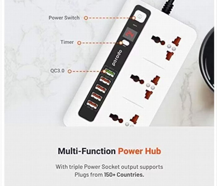 Porodo Power Hub With Power Socket Strip White - Zoom Image 5