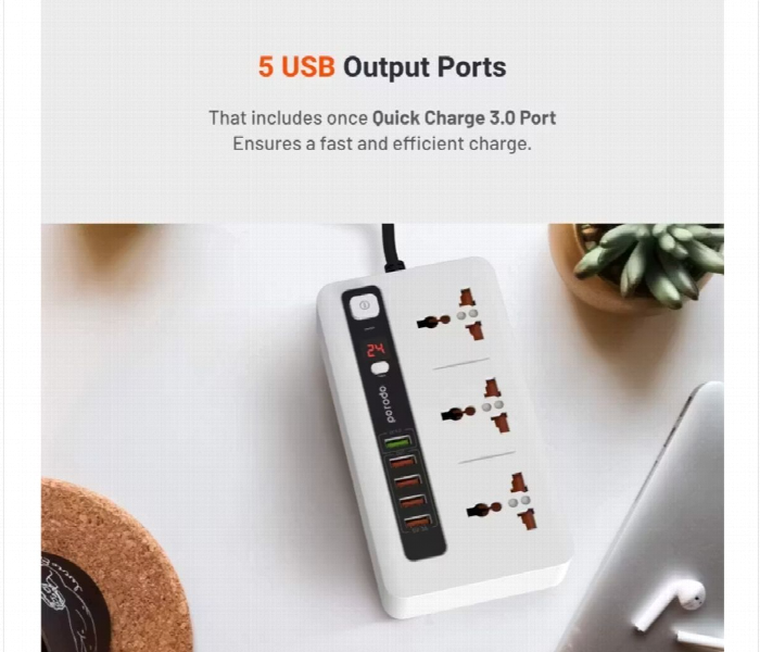 Porodo Power Hub With Power Socket Strip White - Zoom Image 4