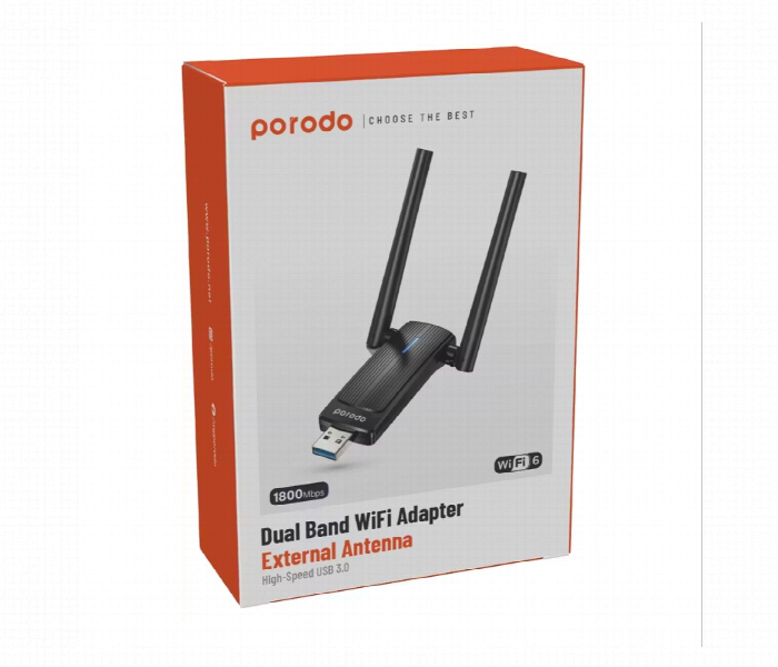 Porodo Dual Band Wifi6 Usb Adapter With Additional Usb A To Type C Adaptor And External Antenna - Zoom Image 5