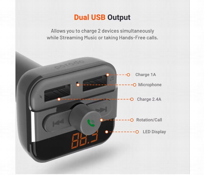 Porodo Fm Transmitter And Car Charger - Zoom Image 3