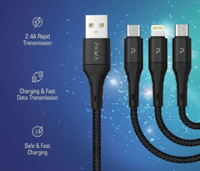 Pawa Nylon Braided 2.4A Data And Quick Charging 3In1 Cable 1.2M - Zoom Image 4