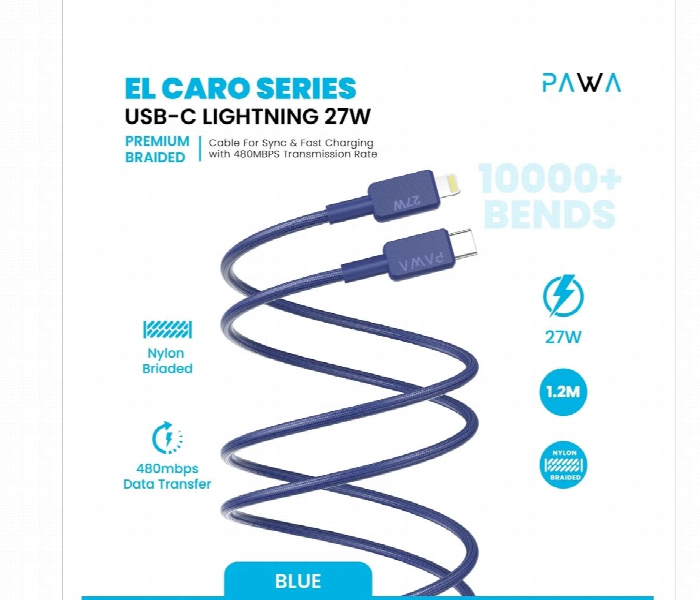 Pawa El Claro Series Premium Braided Cable Usb C To Lightning 27W Blue - Zoom Image 3