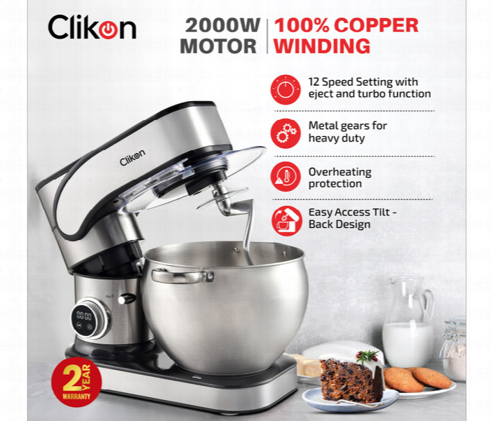 Clikon Ck1200 Professional 2000W  10L Stainless Steel Stand Mixer With 12 Speed Settings - Zoom Image 6
