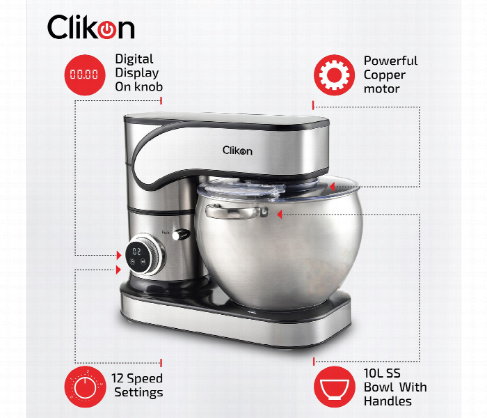 Clikon Ck1200 Professional 2000W  10L Stainless Steel Stand Mixer With 12 Speed Settings - Zoom Image 8