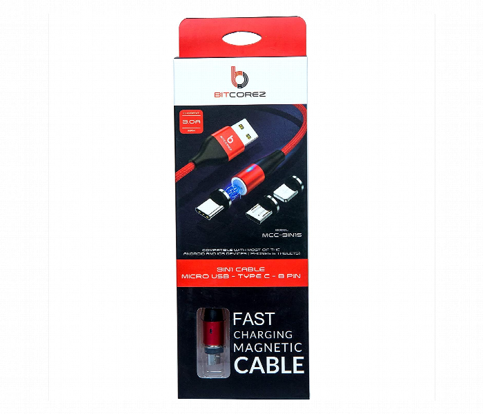 Bitcorez 3A Fast Charging Led Magnetic Nylon Braided Micro Usb Type C 3In1 Phone Charger Cable Mcc 3In1S - Zoom Image 1