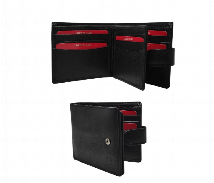 Leather Wallet With Secure Push Button  Black - Zoom Image 1