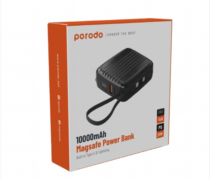 Porodo Magsafe Power Bank 10000Mah Pd 20W Wireless 15W With Built In Type C And Lightning Cable Black - Zoom Image 2