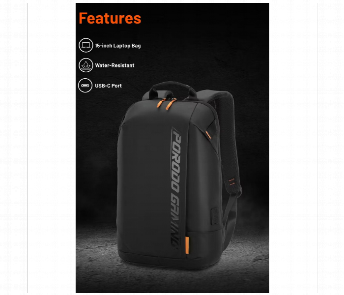 Porodo Gaming Water Resistant Pu Laptop Backpack With Usb C Port Black - Zoom Image 4