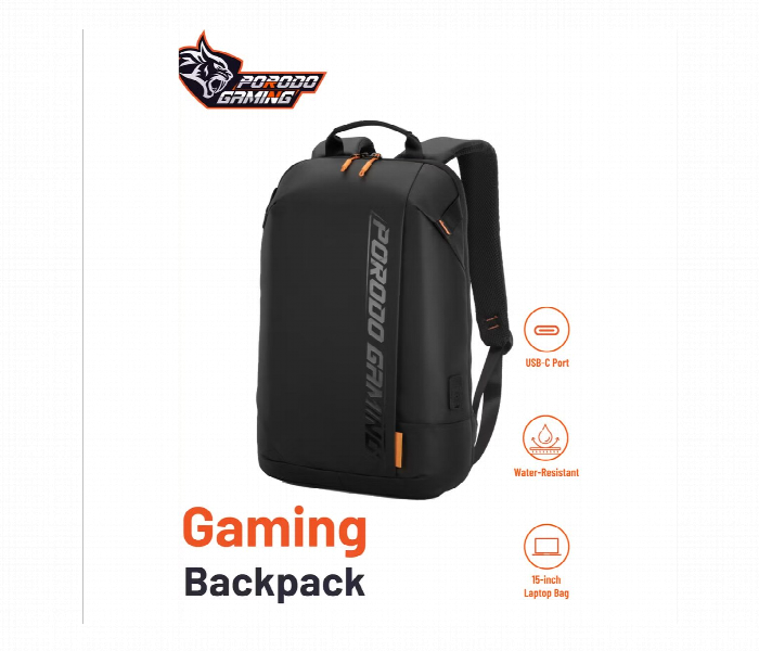 Porodo Gaming Water Resistant Pu Laptop Backpack With Usb C Port Black - Zoom Image 5
