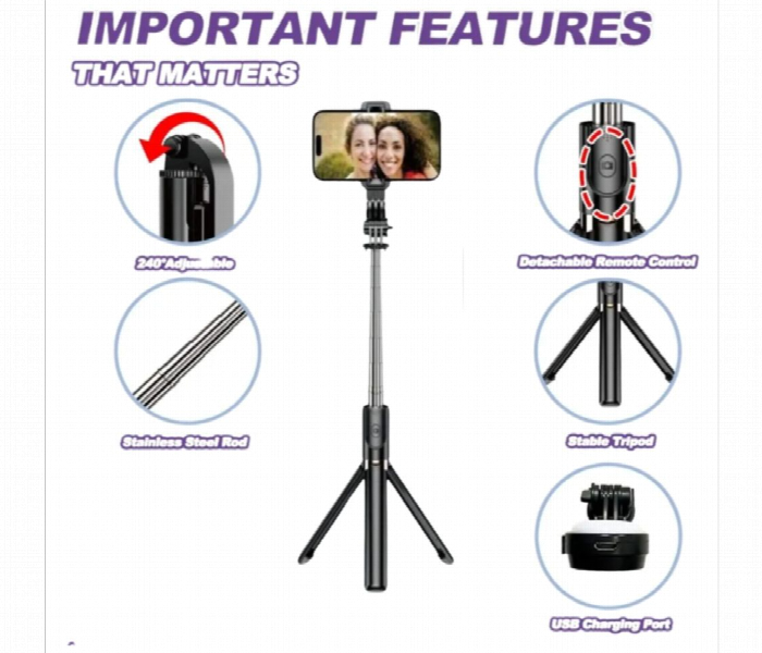 Plokama Live K8 Multifunctional Selfie Stick Tripod With Bluetooth Remote Black - Zoom Image 3
