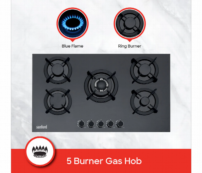Sanford Sf5458Gh Bs 5 Burner Glass Gas Hob With Auto Ignition And Blue Flame - Zoom Image 3