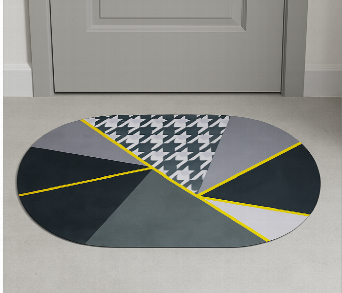 Geometric Pattern Door Mat Oval Shape With Houndstooth Centerpiece - Zoom Image 1