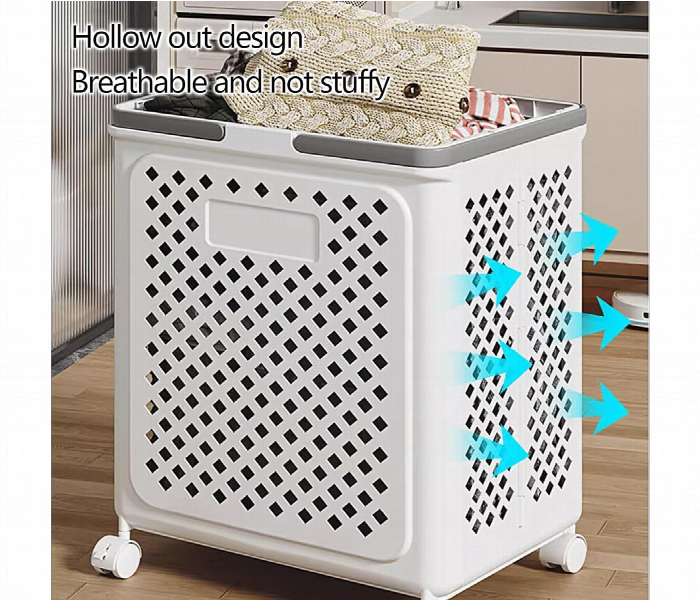 Plastic Foldable Laundry Basket With Wheels Rolling Hamper - Zoom Image 4