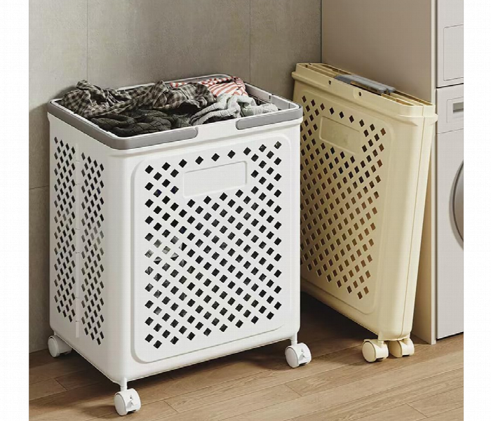 Plastic Foldable Laundry Basket With Wheels Rolling Hamper - Zoom Image 1