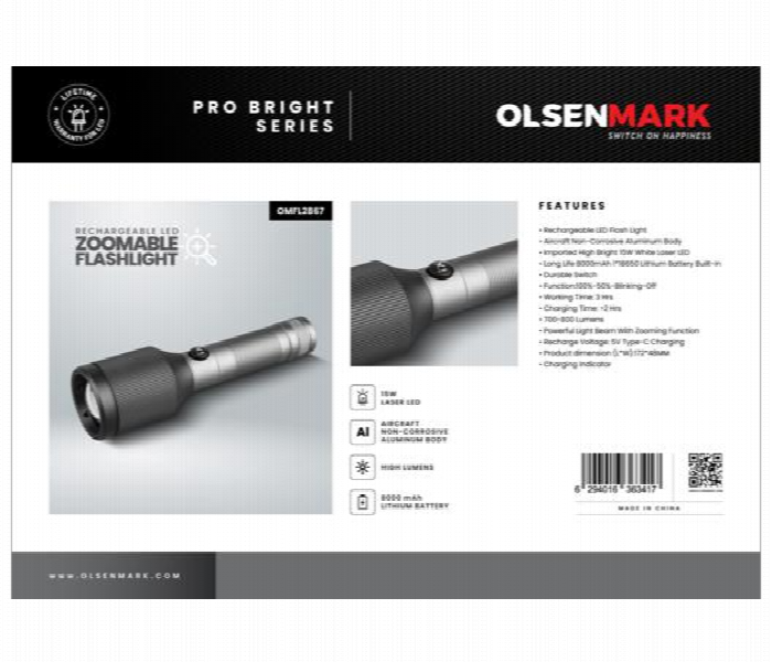 Olsenmark Omfl2867 Rechargeable Led Zoomable Flashlight - Zoom Image 1