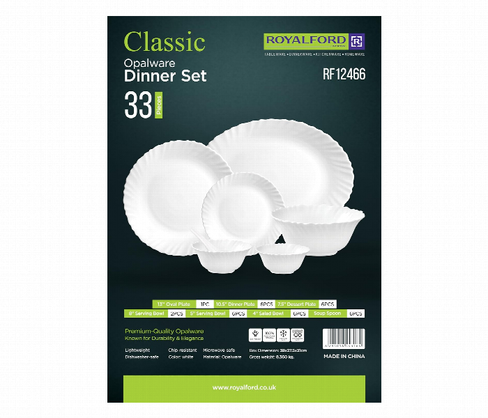 Royalford Dinner Set Rf12466 Opalware 33Pcs White - Zoom Image 3