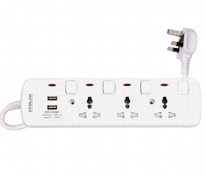 Epsilon 3 Way Extension Socket Es1107 With Usb 3M - Zoom Image 1