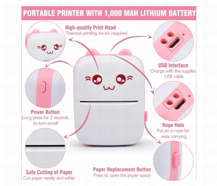 Portable Mini Thermal Printer Bluetooth Usb 1200Mah Pink - Zoom Image 5