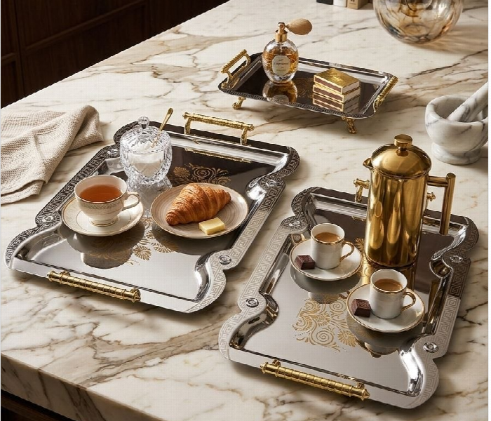 Luxurious Silver Colored Serving Tray Set - Zoom Image