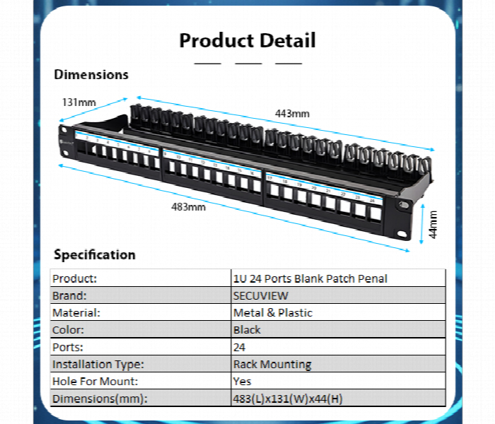 Secuview 1U Blank Patch Panel 24 Port Sv Pp2124S Plastic And Metal Frame Patch Panel - Zoom Image 7