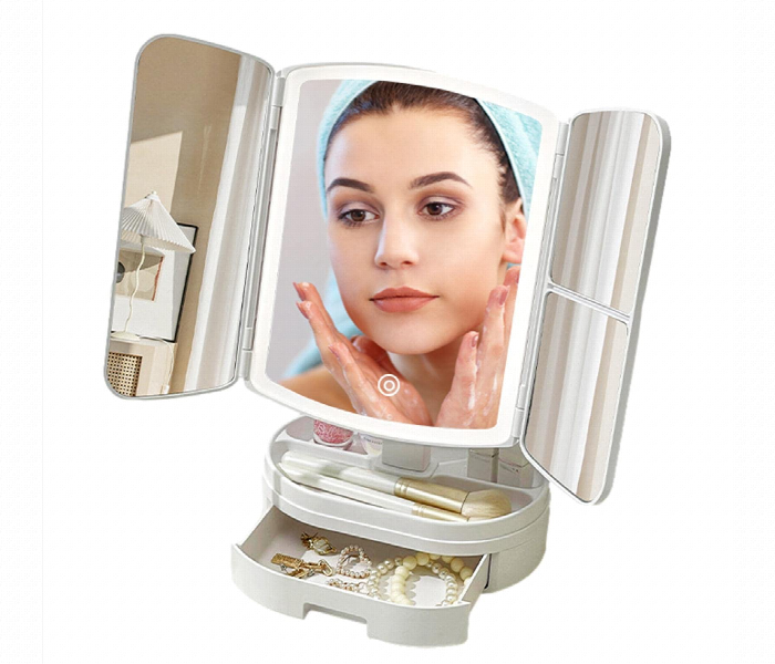 Led Tri Fold Cosmetic Mirror With Adjustable Angle And Storage - Zoom Image 1