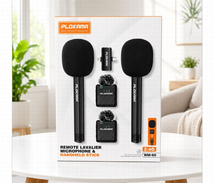 None Plokama Wm 60 Wireless Lavalier Microphone With Handheld Stick Black Noise Reduction Microphone For Mobile Recording